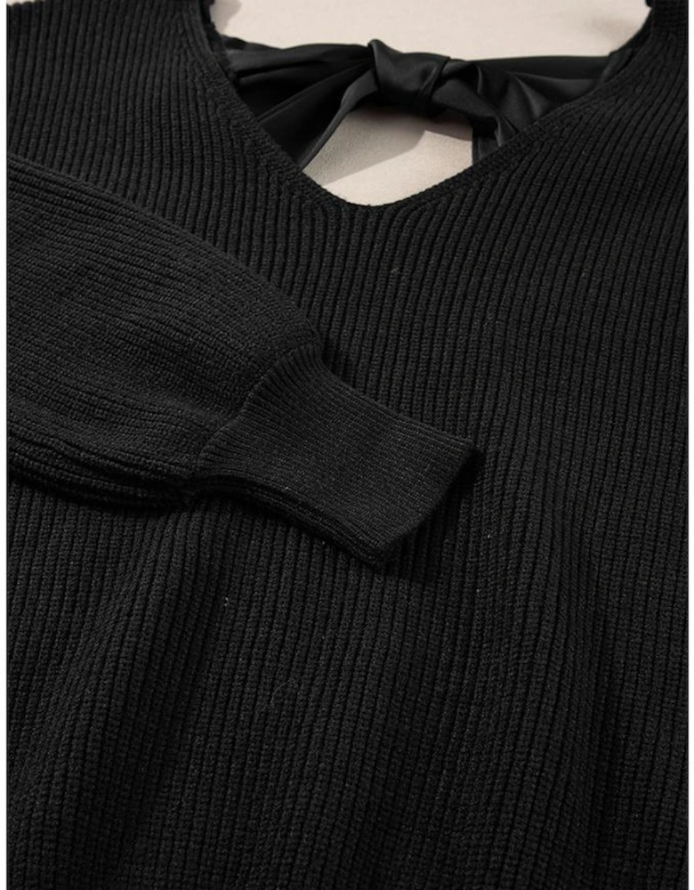 Black Lantern Sleeve V Neck Knot Back Sweater