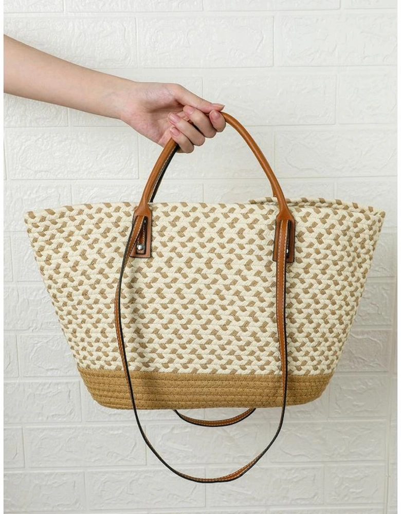 Beige Contrast Woven Leather Handle Single Shoulder Bag