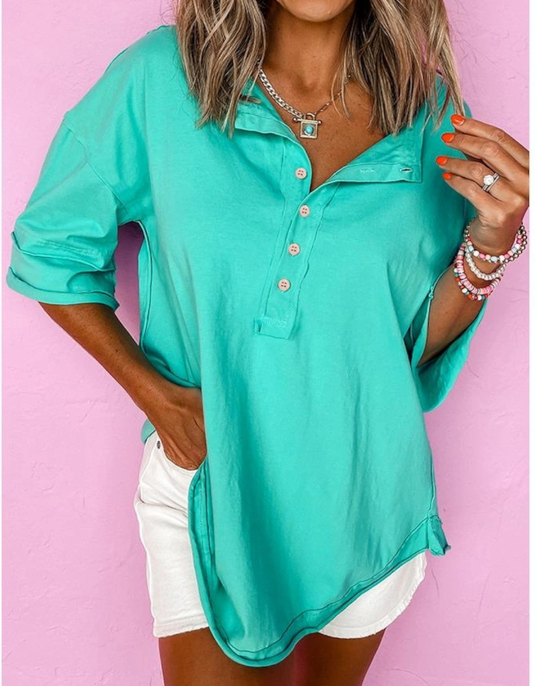 Mint Green Solid Color Half Sleeve Buttons Henley Top