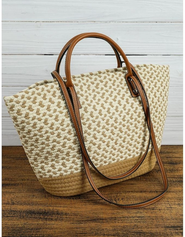 Beige Contrast Woven Leather Handle Single Shoulder Bag