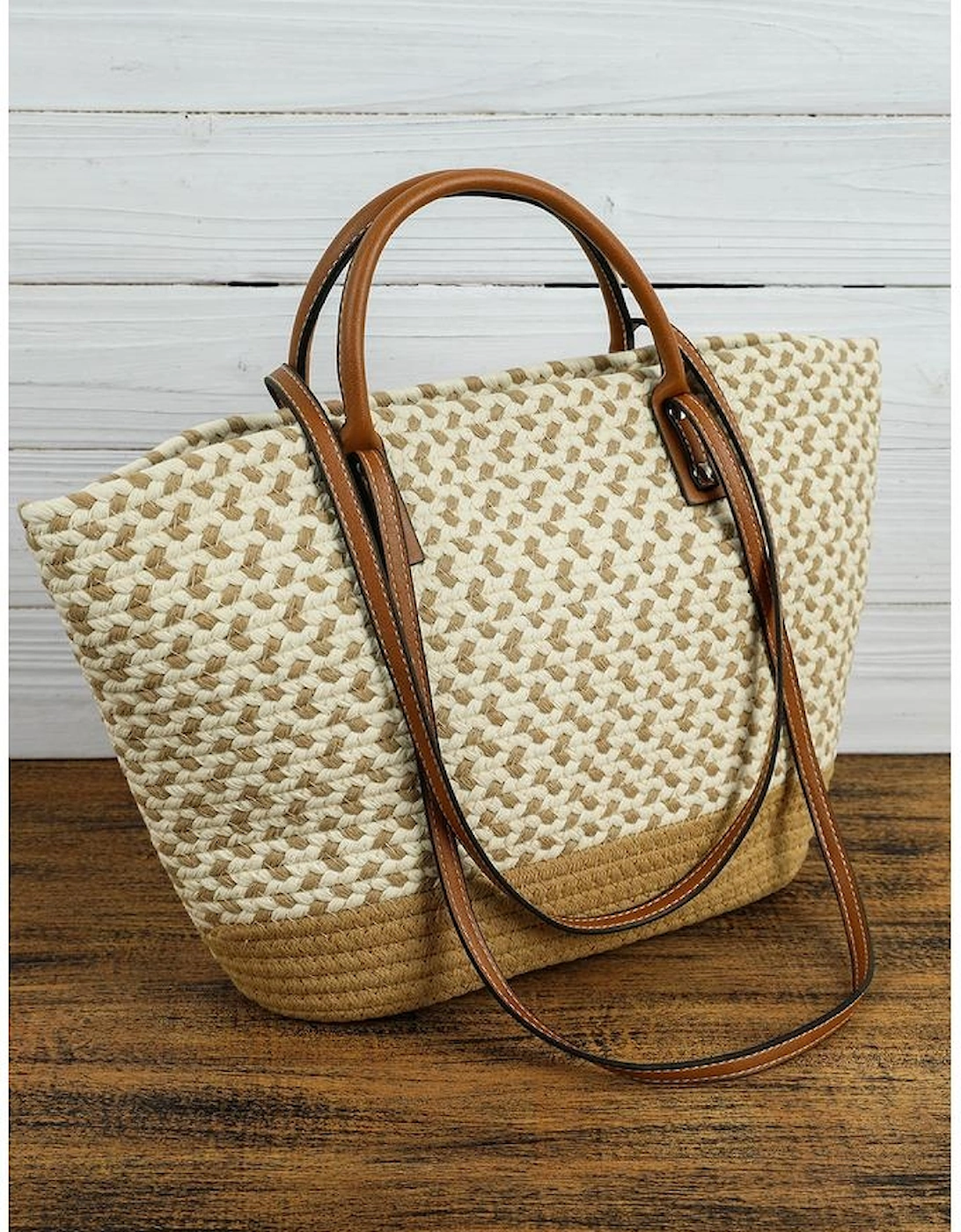Beige Contrast Woven Leather Handle Single Shoulder Bag, 6 of 5