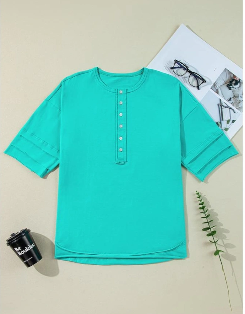 Mint Green Solid Color Half Sleeve Buttons Henley Top