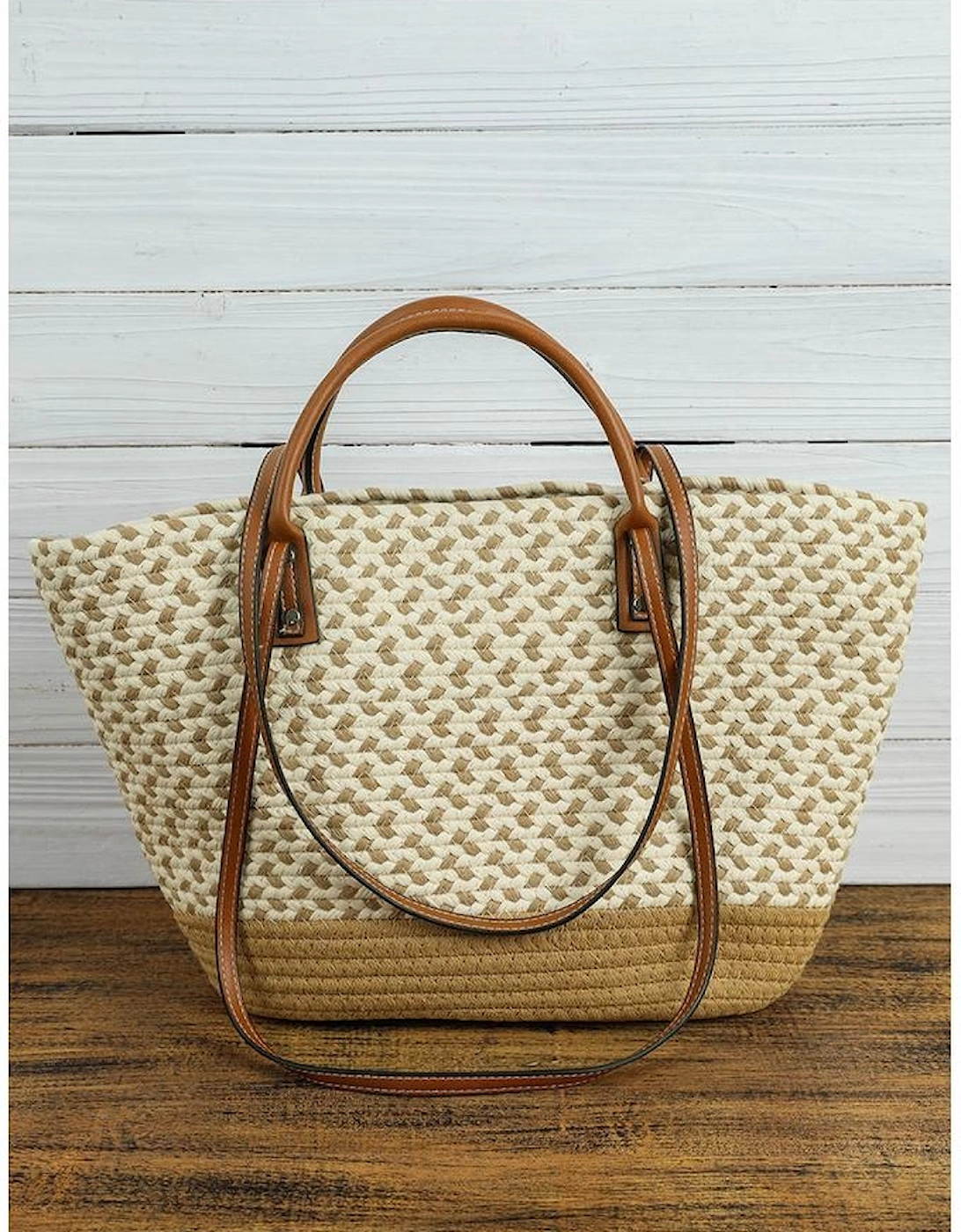 Beige Contrast Woven Leather Handle Single Shoulder Bag