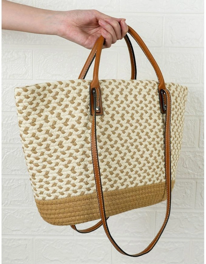 Beige Contrast Woven Leather Handle Single Shoulder Bag