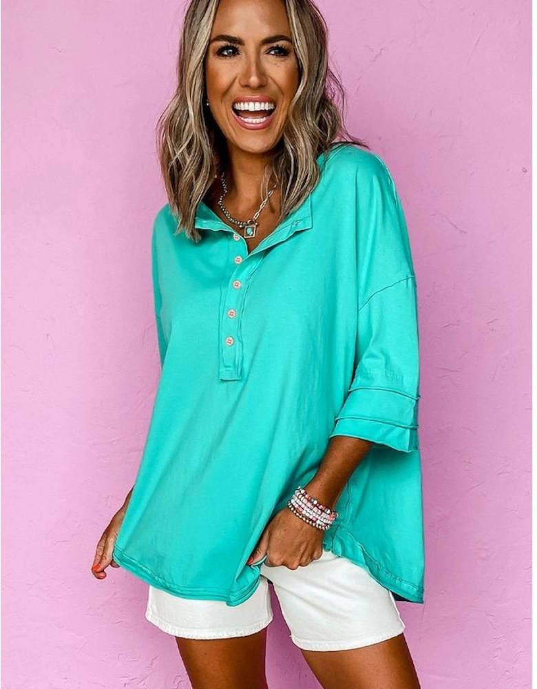 Mint Green Solid Color Half Sleeve Buttons Henley Top