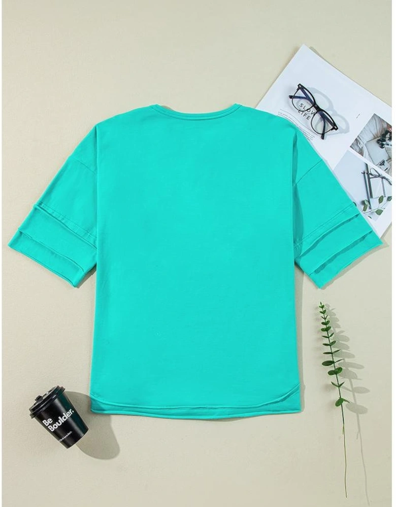 Mint Green Solid Color Half Sleeve Buttons Henley Top