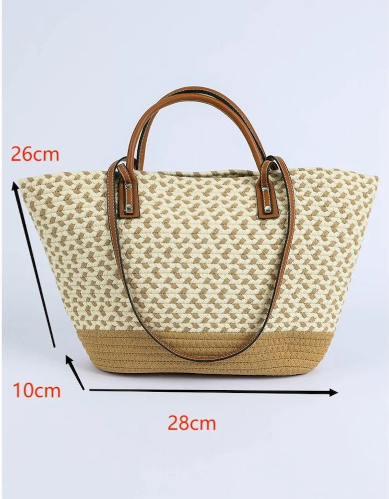 Beige Contrast Woven Leather Handle Single Shoulder Bag