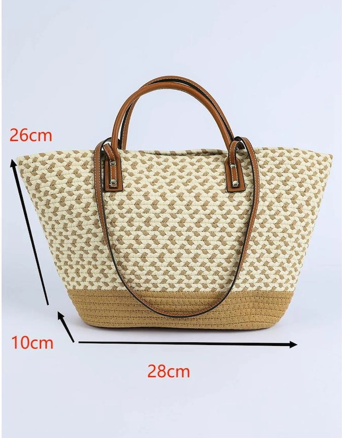 Beige Contrast Woven Leather Handle Single Shoulder Bag