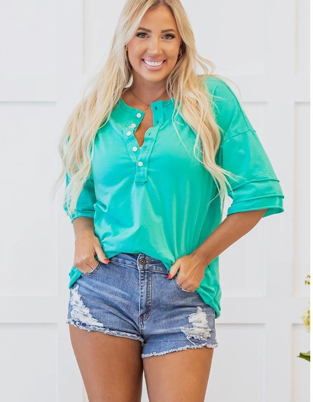 Mint Green Solid Color Half Sleeve Buttons Henley Top
