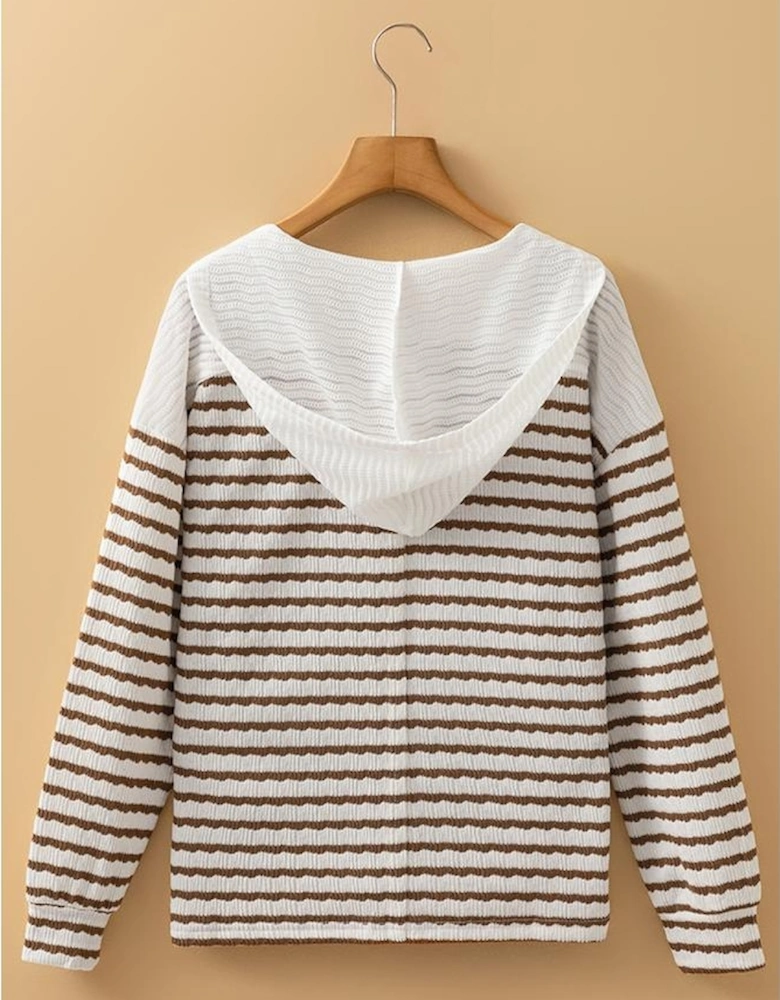 Khaki Stripe Buttoned V Neck Textured Hooded Plus Size Top