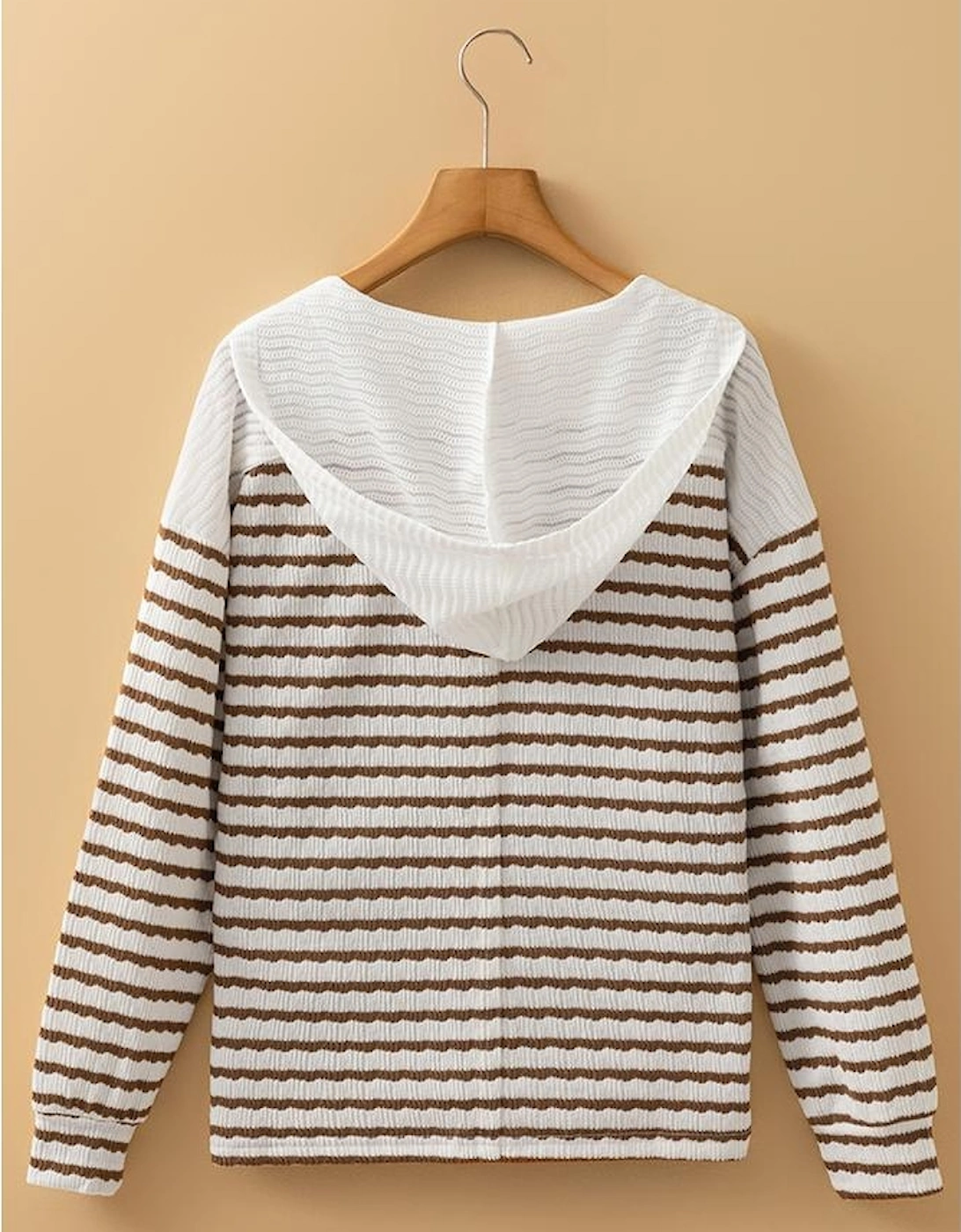 Khaki Stripe Buttoned V Neck Textured Hooded Plus Size Top, 3 of 2