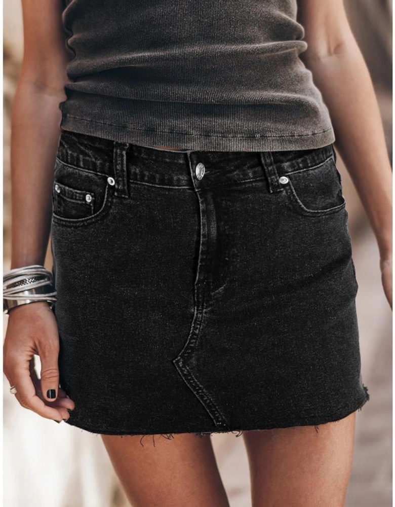 Carbon Grey Mineral Wash Ripped Raw Hem Denim Mini Skirt