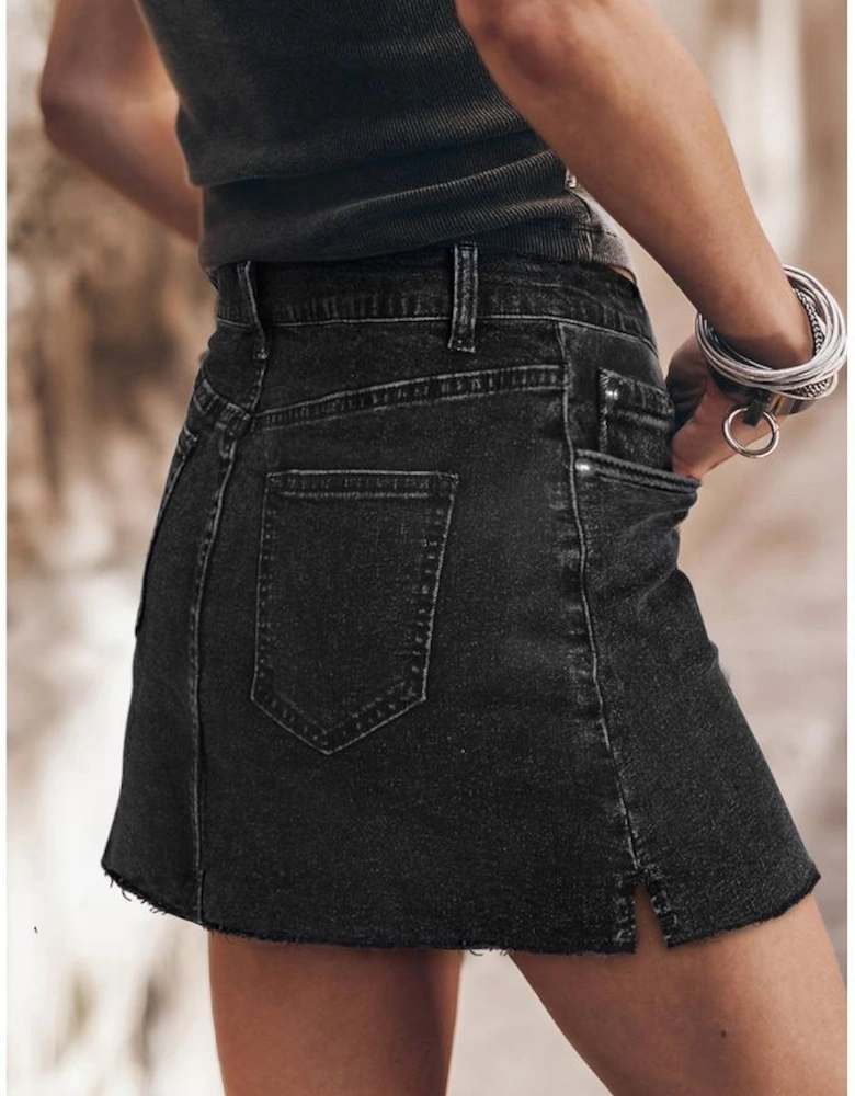 Carbon Grey Mineral Wash Ripped Raw Hem Denim Mini Skirt