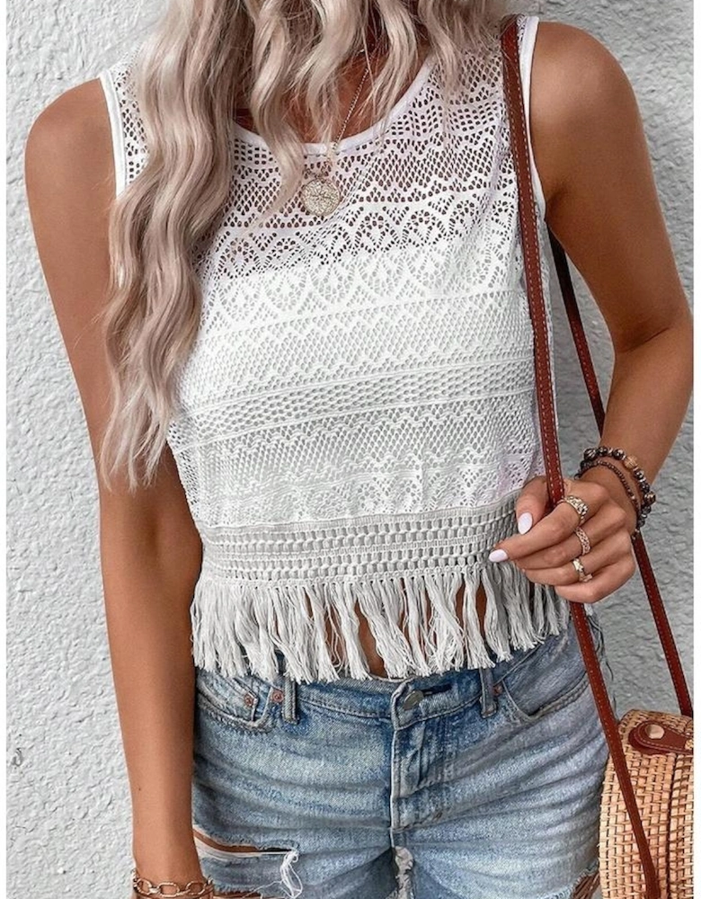 White Lace Crochet Hollow out Fringed Tank Top