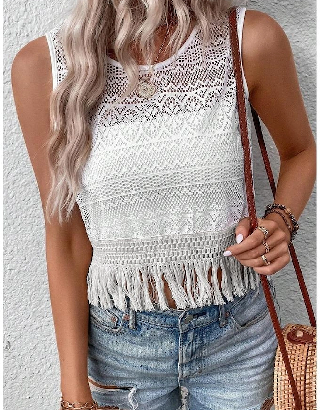 White Lace Crochet Hollow out Fringed Tank Top