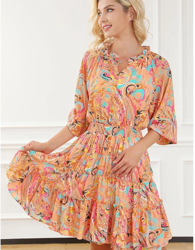 Multicolour Paisley Print Frilled Mini Dress