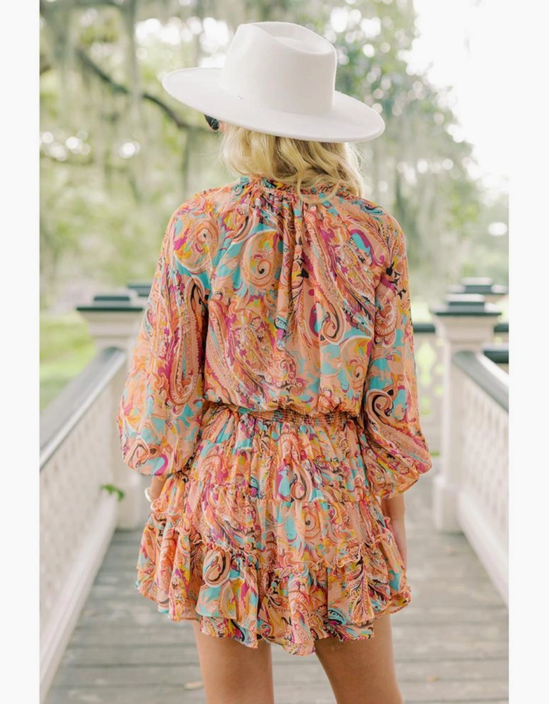 Multicolour Paisley Print Frilled Mini Dress