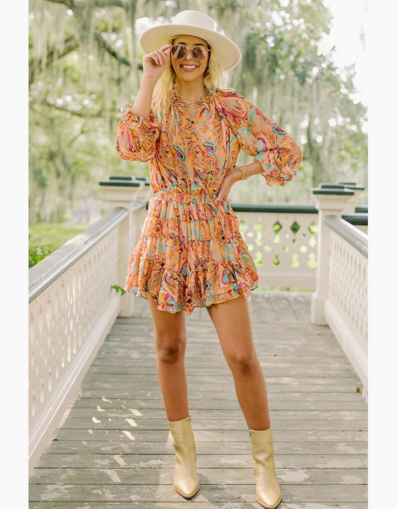 Multicolour Paisley Print Frilled Mini Dress