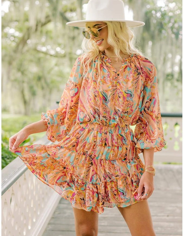Multicolour Paisley Print Frilled Mini Dress