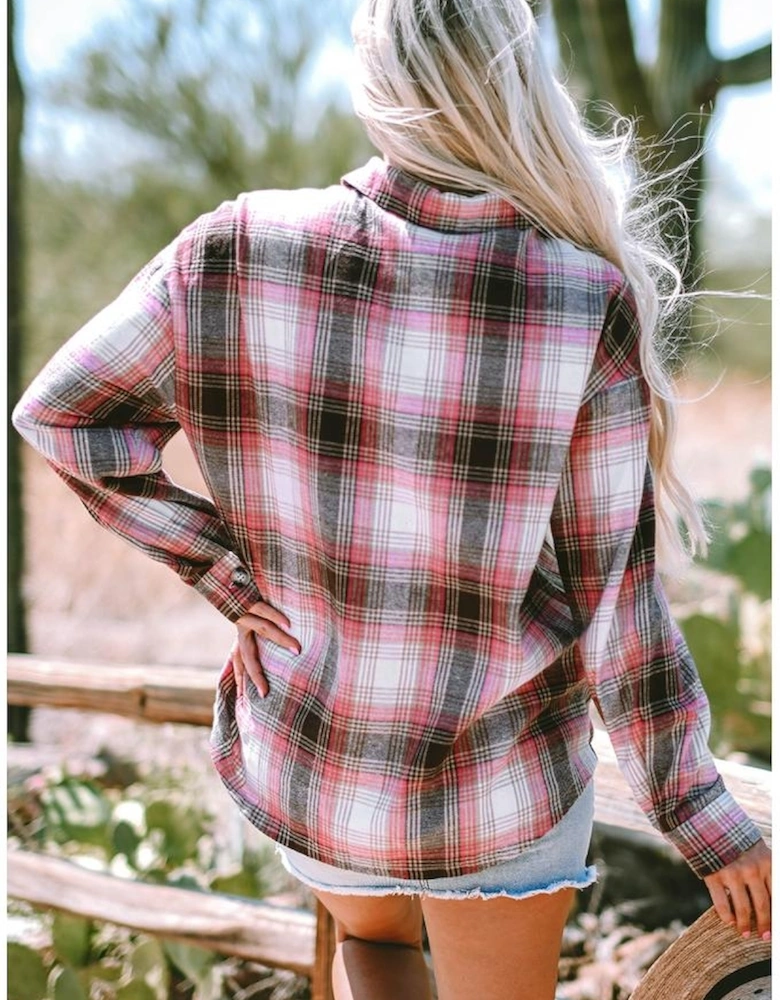Pink Plaid Flap Pocket Button Up Shacket