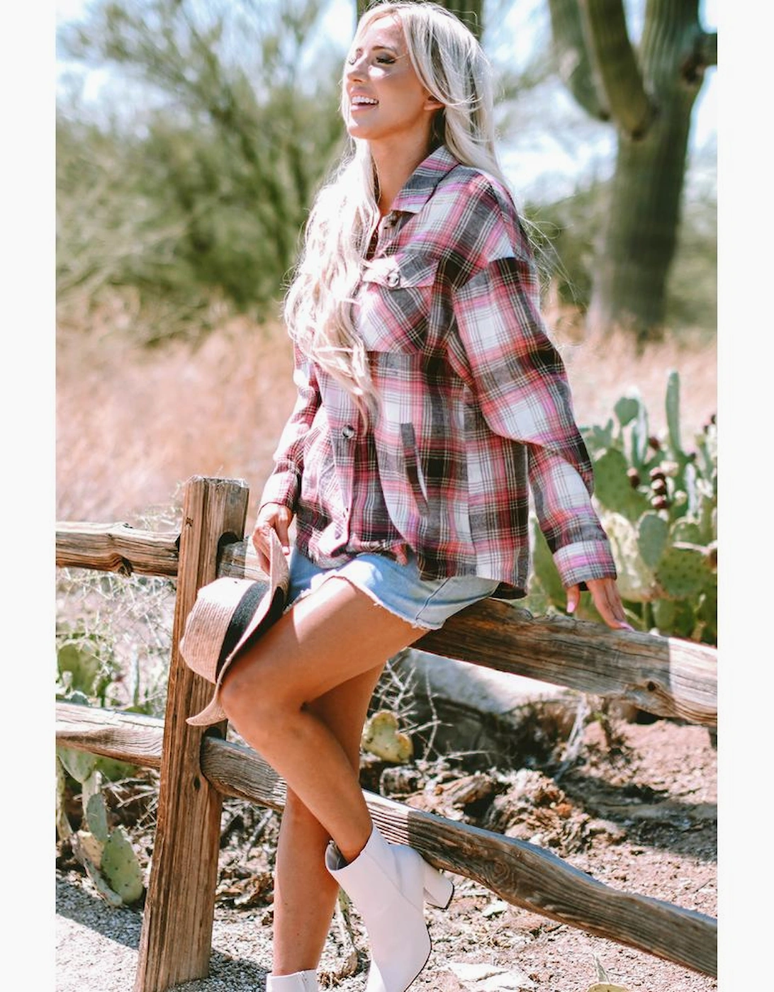 Pink Plaid Flap Pocket Button Up Shacket