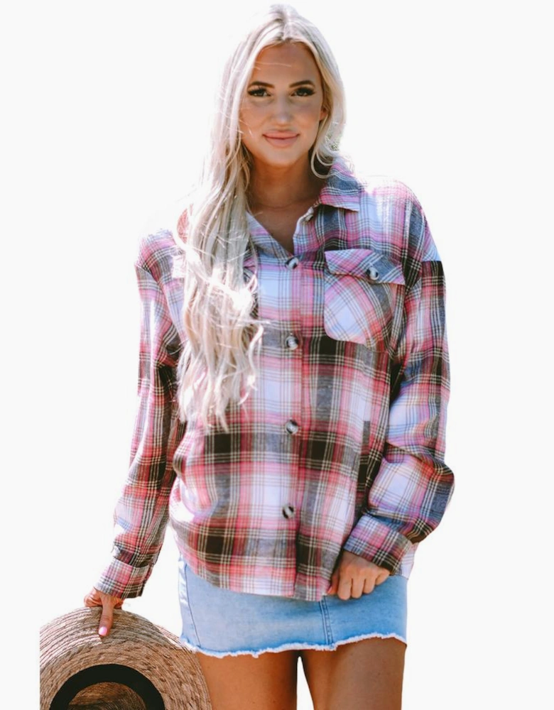 Pink Plaid Flap Pocket Button Up Shacket
