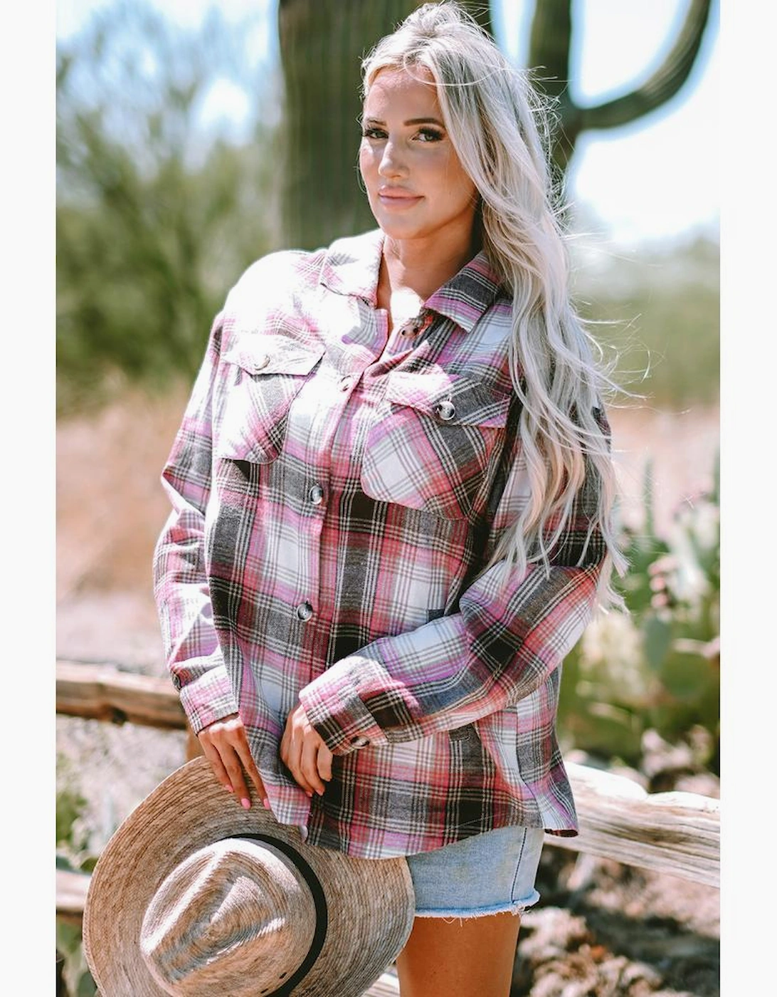 Pink Plaid Flap Pocket Button Up Shacket