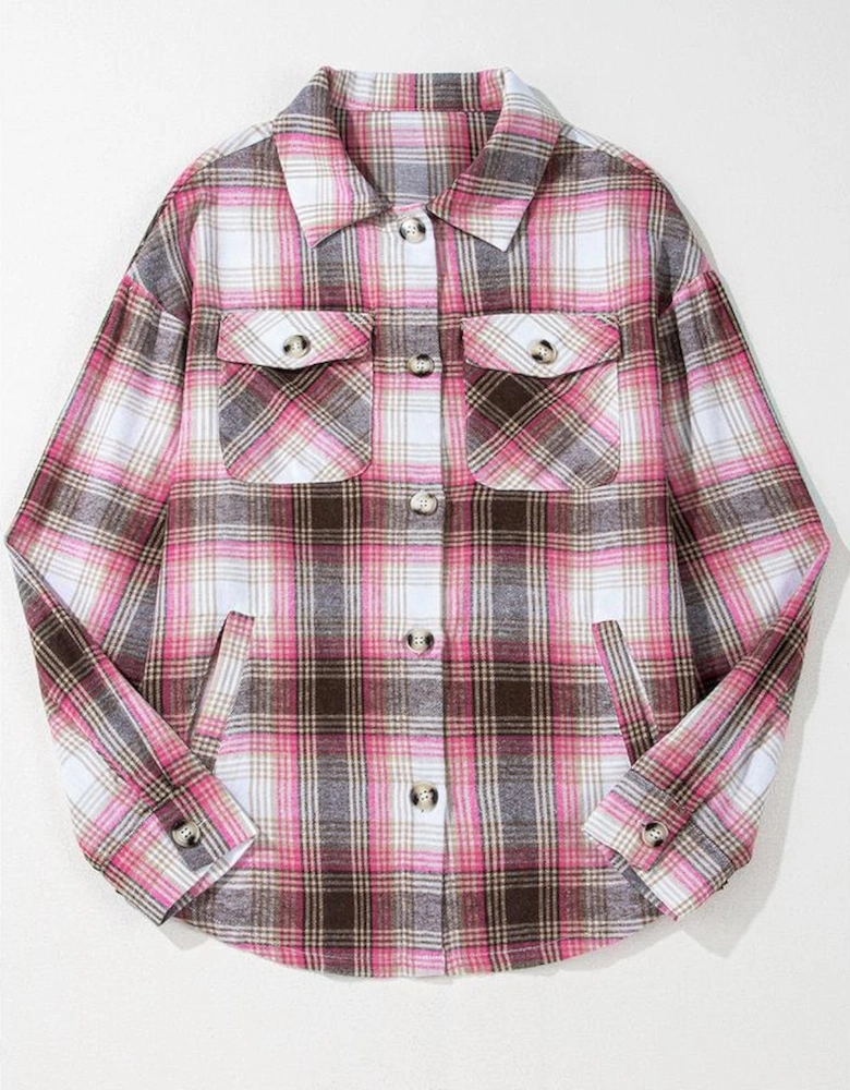 Pink Plaid Flap Pocket Button Up Shacket