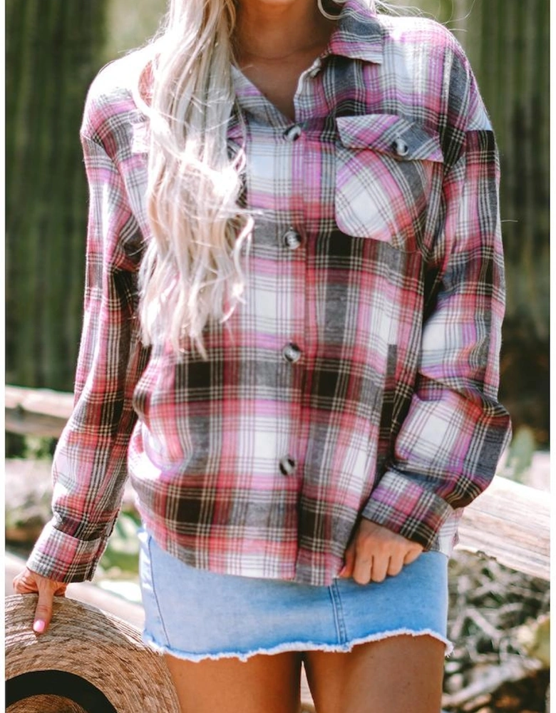 Pink Plaid Flap Pocket Button Up Shacket