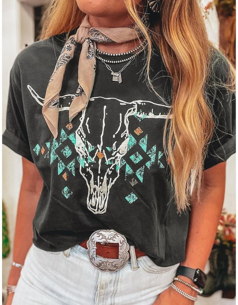Carbon Grey Vintage Western Bull Head Skull Turquoise Aztec Graphic T Shirt