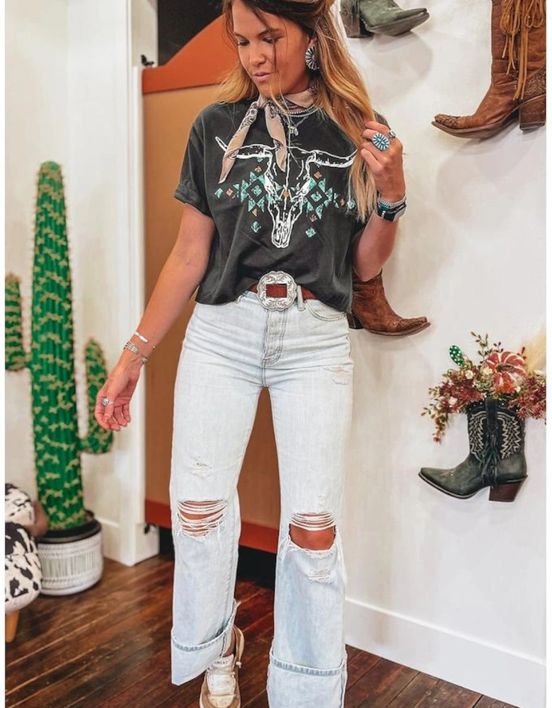 Carbon Grey Vintage Western Bull Head Skull Turquoise Aztec Graphic T Shirt