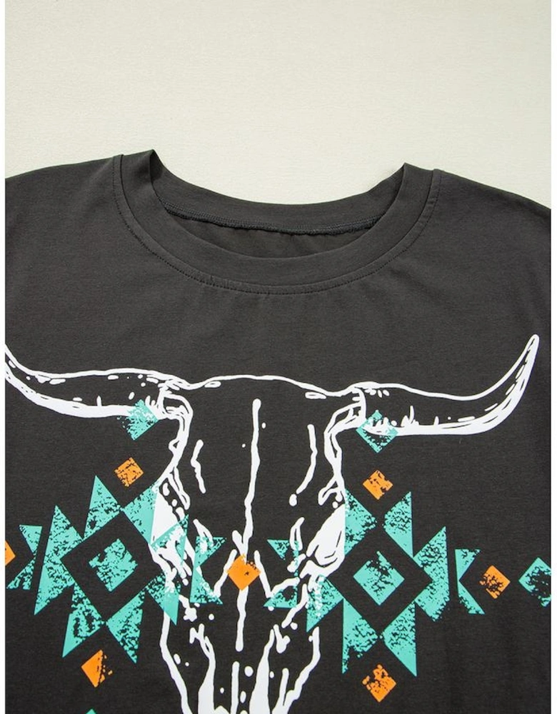 Carbon Grey Vintage Western Bull Head Skull Turquoise Aztec Graphic T Shirt
