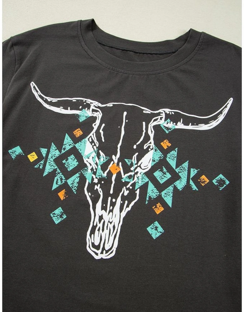Carbon Grey Vintage Western Bull Head Skull Turquoise Aztec Graphic T Shirt