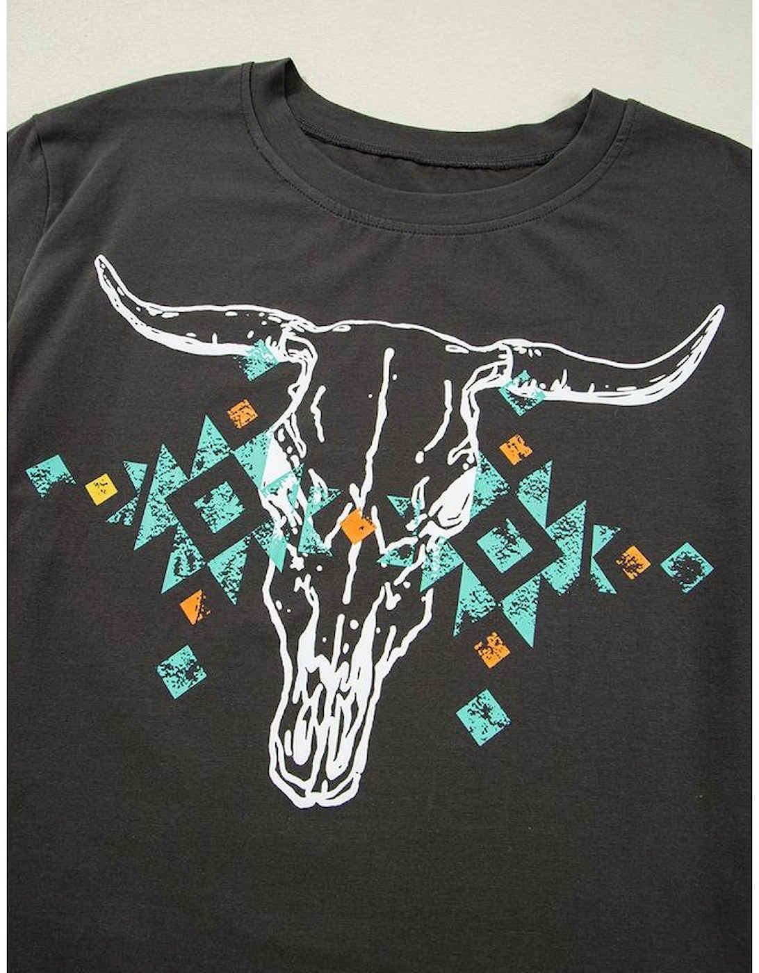 Carbon Grey Vintage Western Bull Head Skull Turquoise Aztec Graphic T Shirt