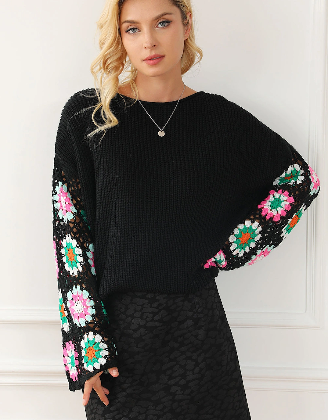 Black Floral Crochet Bell Sleeve Loose Sweater