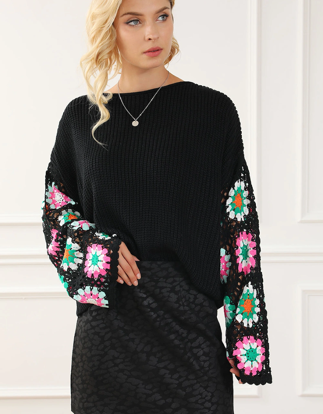 Black Floral Crochet Bell Sleeve Loose Sweater