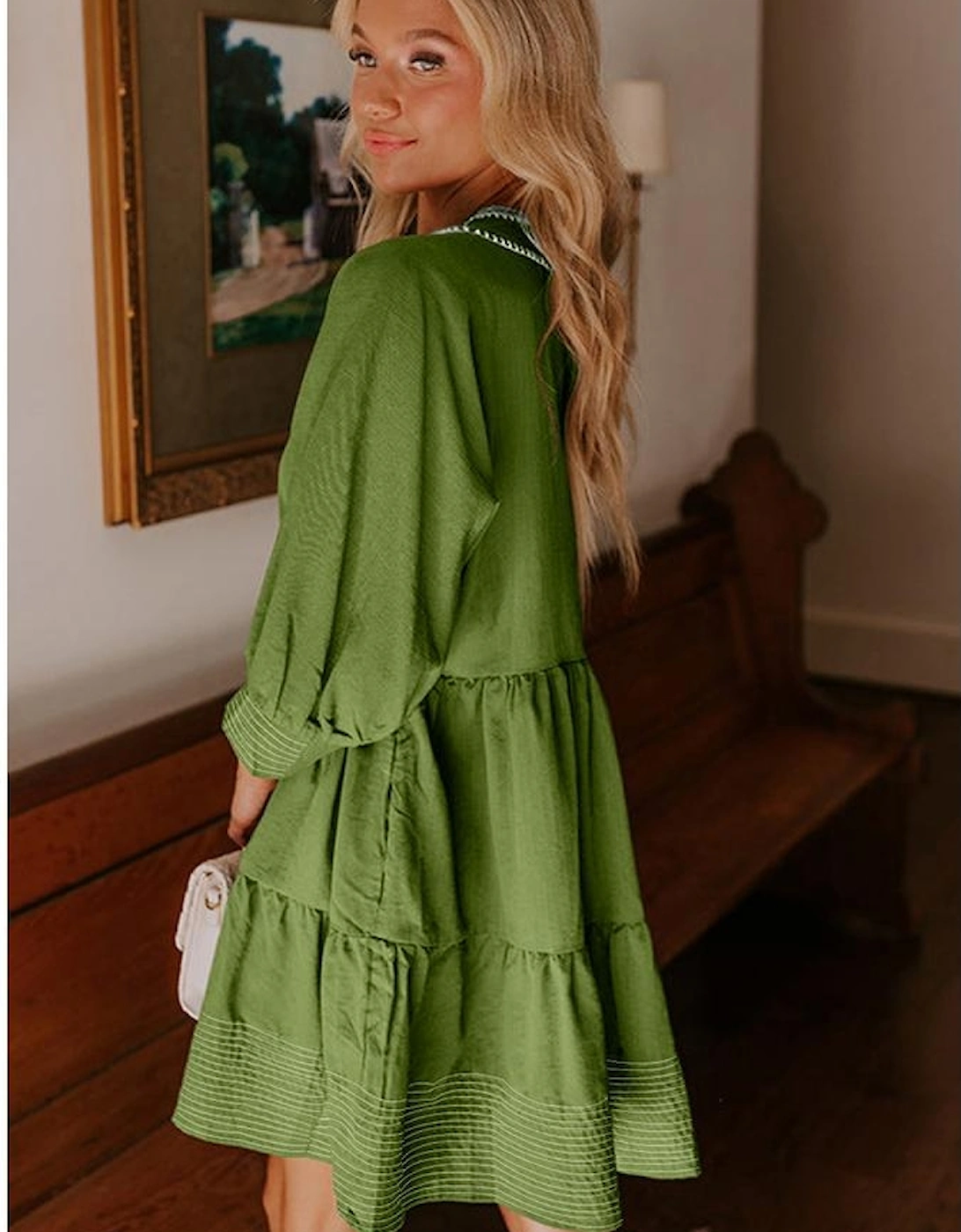 Jungle Green Contrast Stitched V Neck 3/4 Sleeve Tiered Mini Dress, 6 of 5