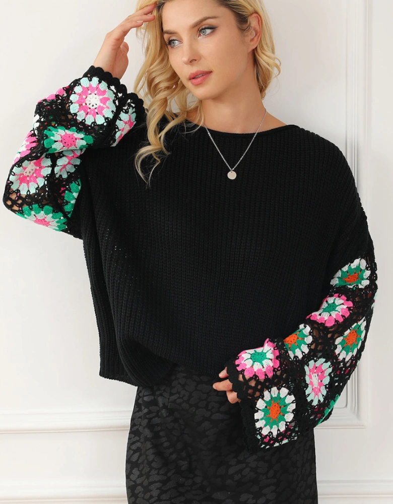 Black Floral Crochet Bell Sleeve Loose Sweater