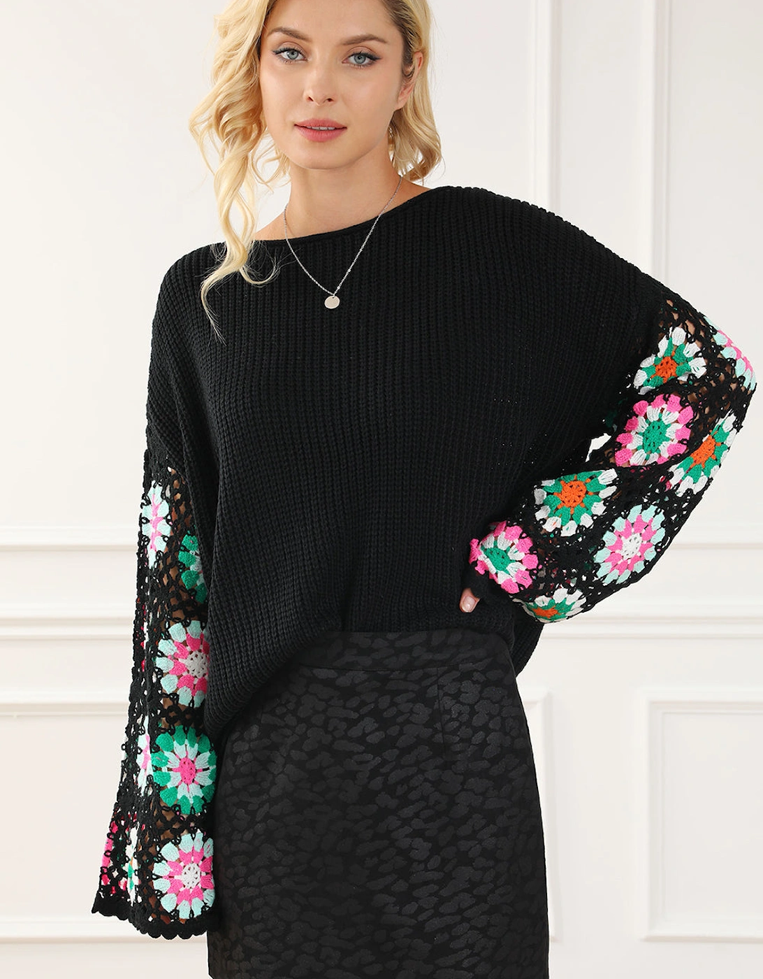 Black Floral Crochet Bell Sleeve Loose Sweater