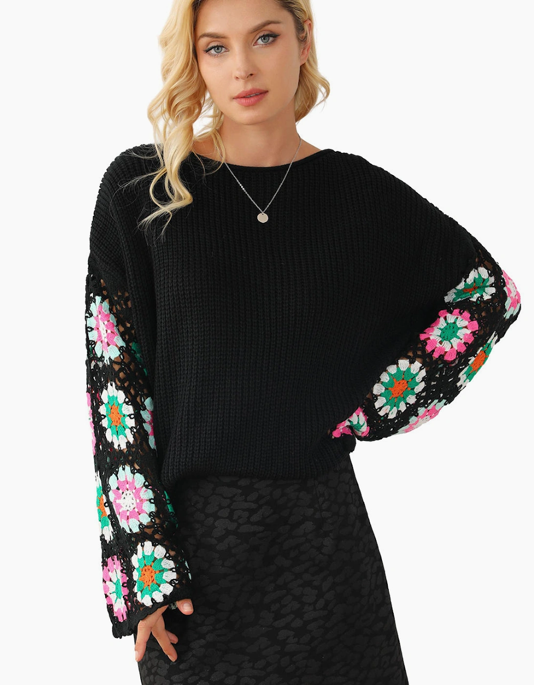 Black Floral Crochet Bell Sleeve Loose Sweater