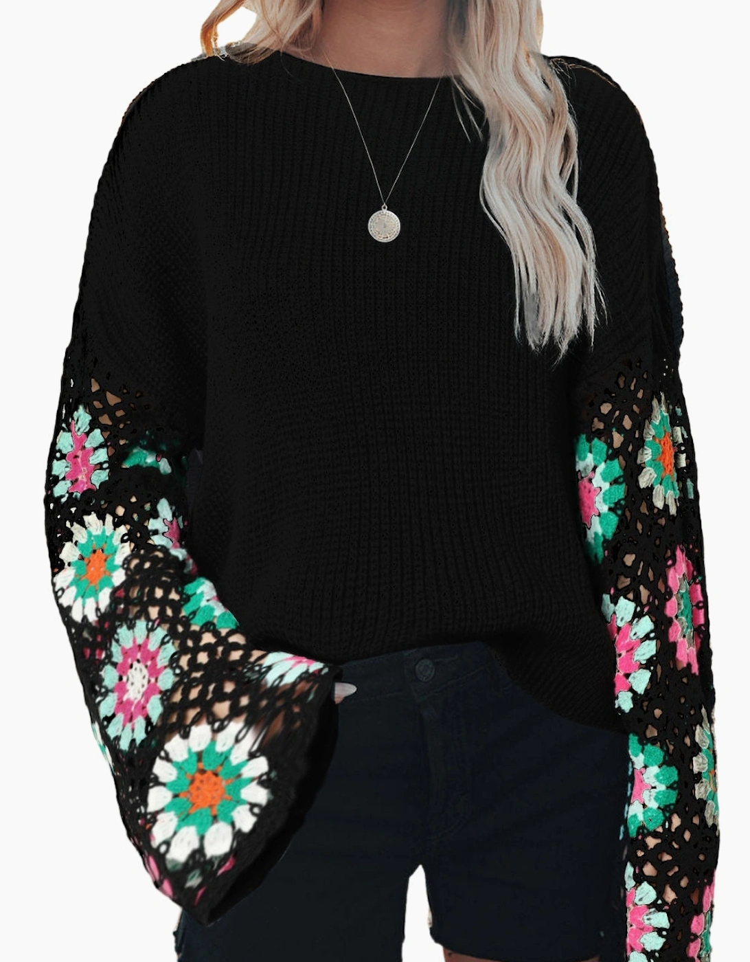 Black Floral Crochet Bell Sleeve Loose Sweater