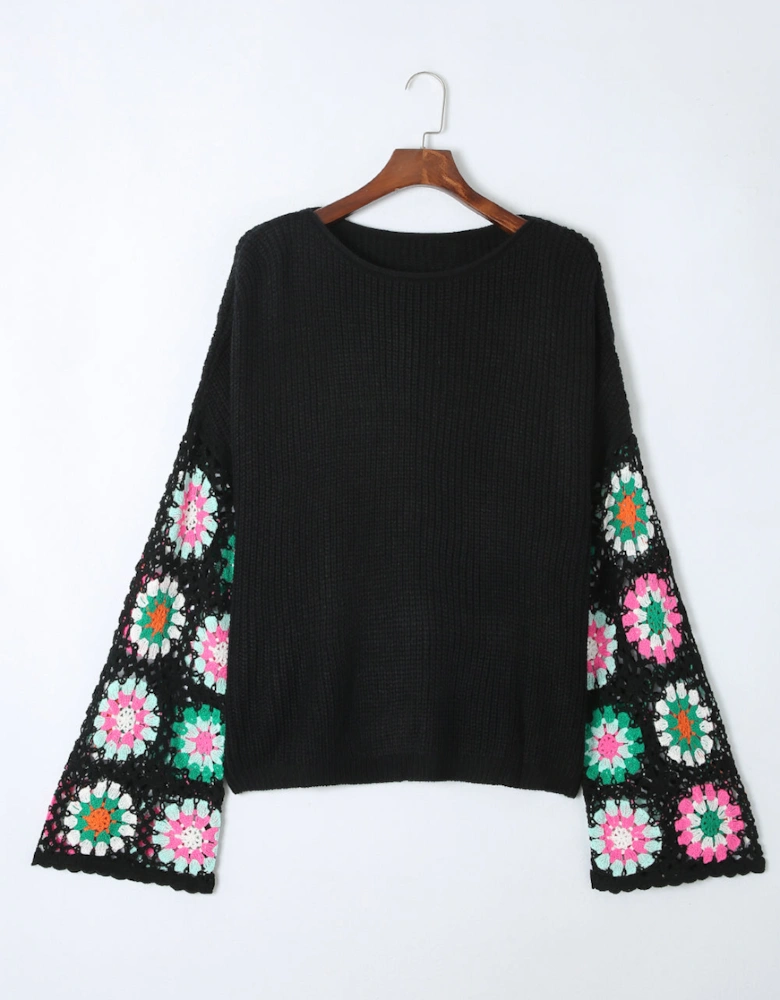 Black Floral Crochet Bell Sleeve Loose Sweater