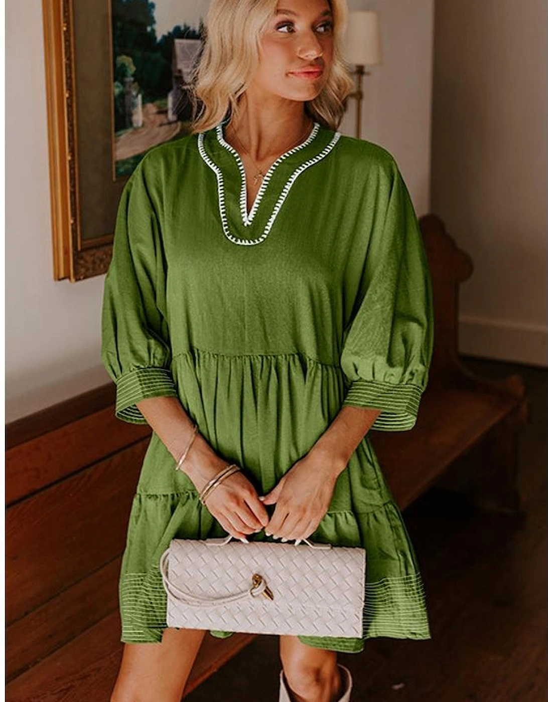 Jungle Green Contrast Stitched V Neck 3/4 Sleeve Tiered Mini Dress