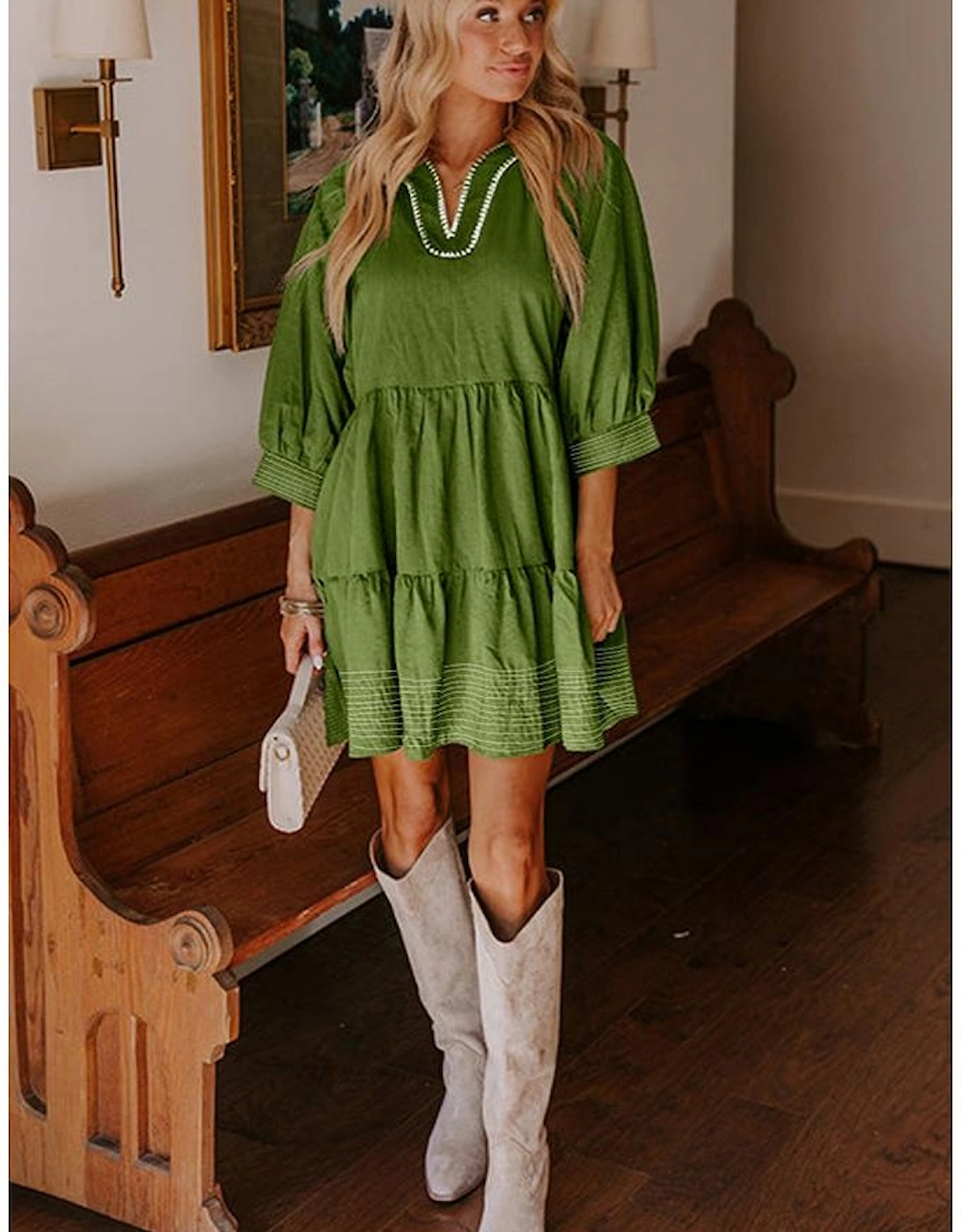 Jungle Green Contrast Stitched V Neck 3/4 Sleeve Tiered Mini Dress