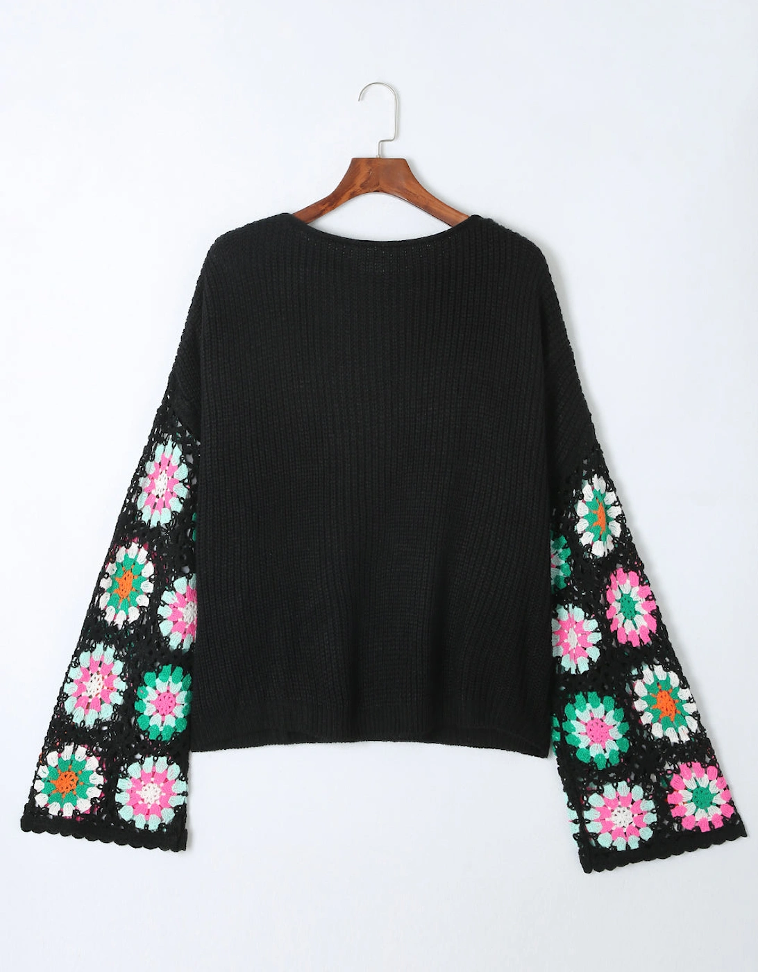 Black Floral Crochet Bell Sleeve Loose Sweater