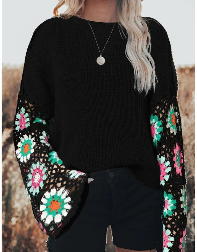 Black Floral Crochet Bell Sleeve Loose Sweater