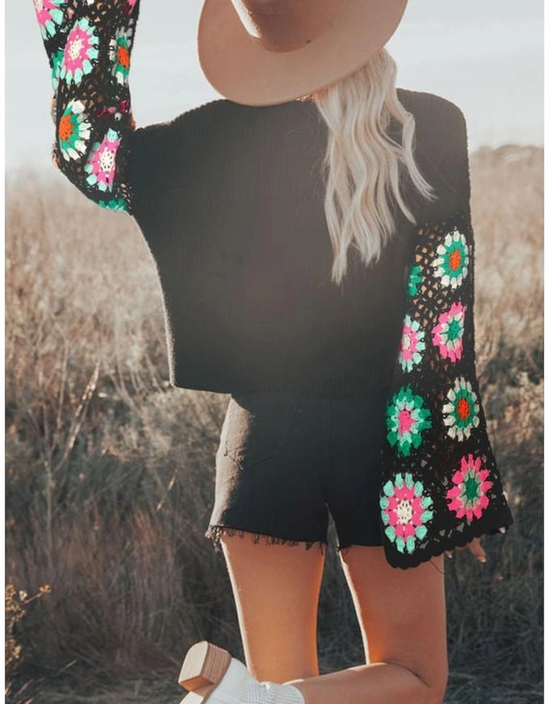 Black Floral Crochet Bell Sleeve Loose Sweater