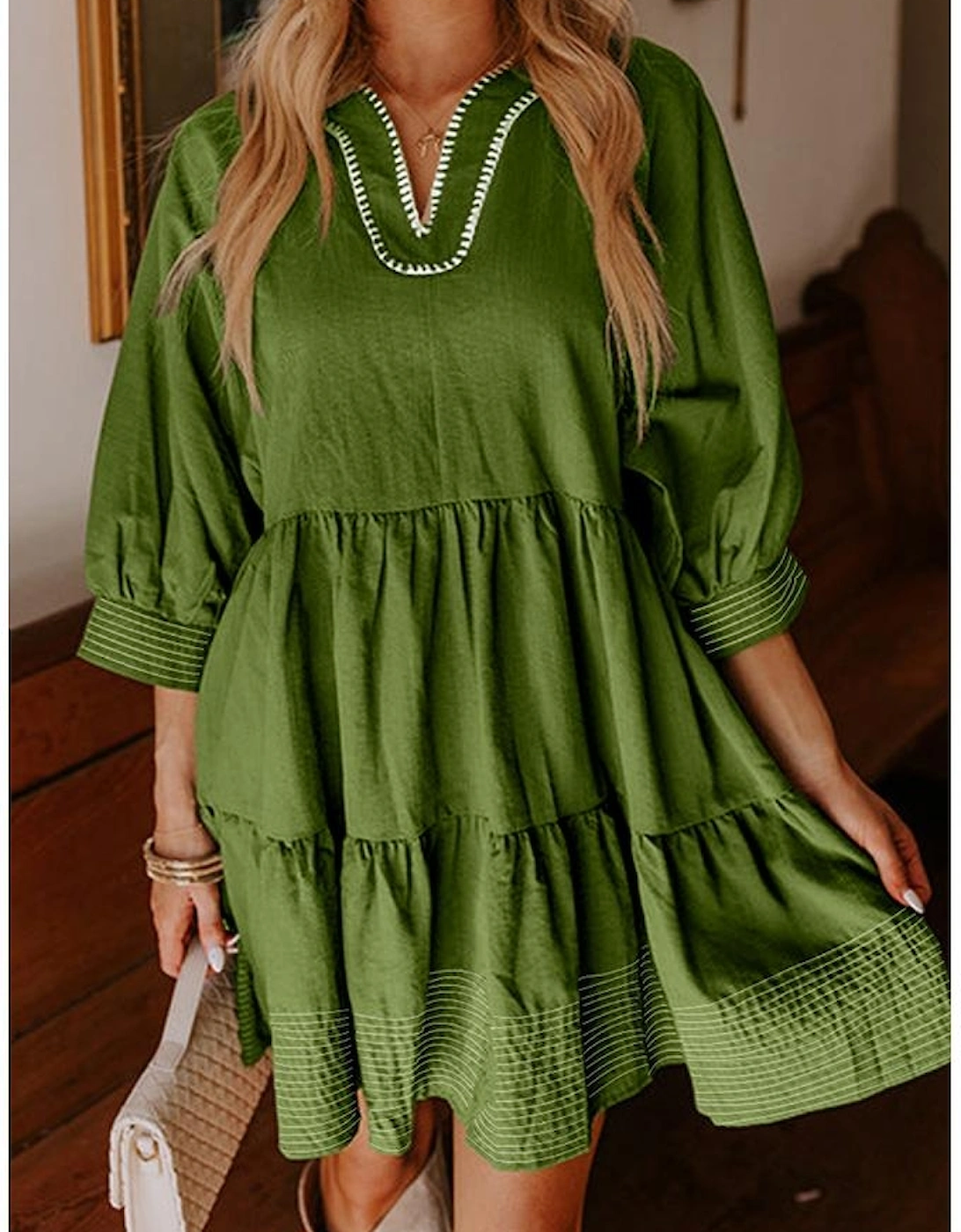 Jungle Green Contrast Stitched V Neck 3/4 Sleeve Tiered Mini Dress