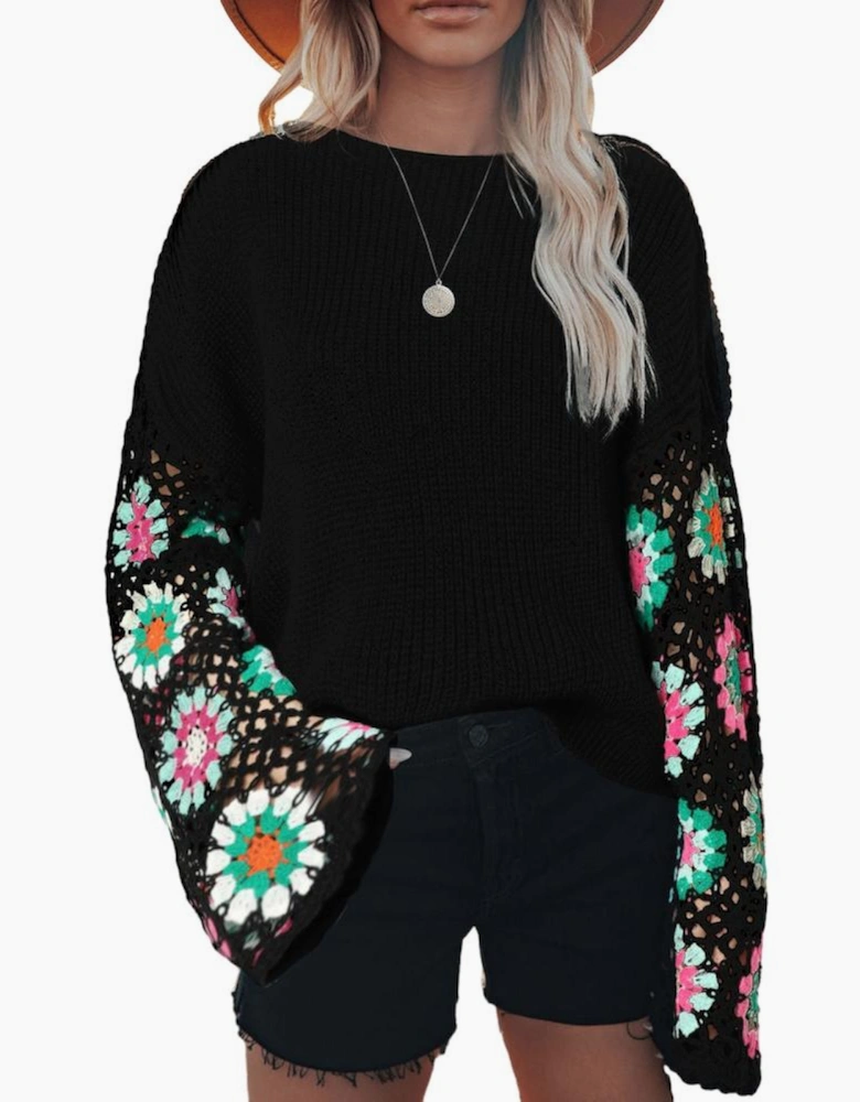 Black Floral Crochet Bell Sleeve Loose Sweater