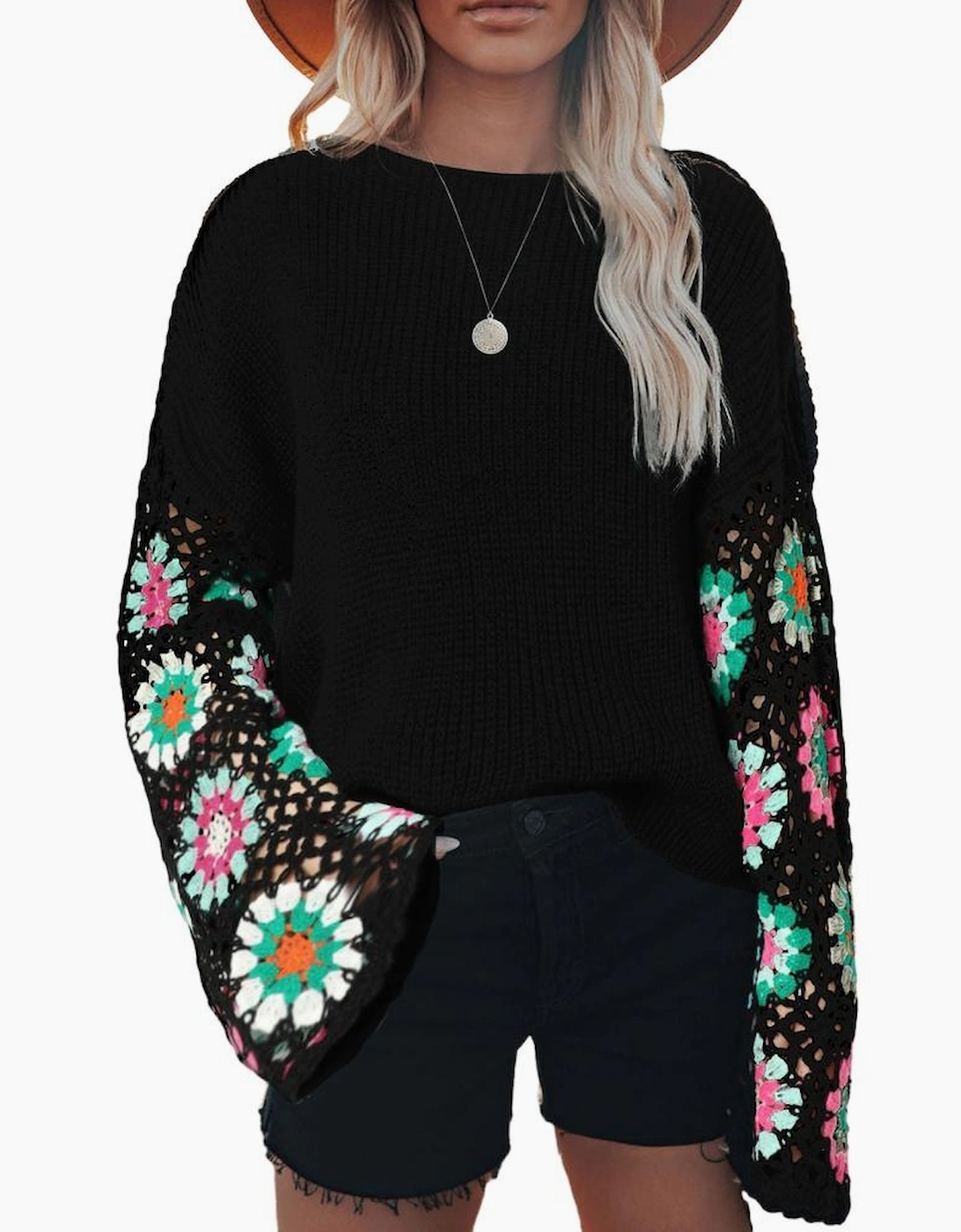 Black Floral Crochet Bell Sleeve Loose Sweater